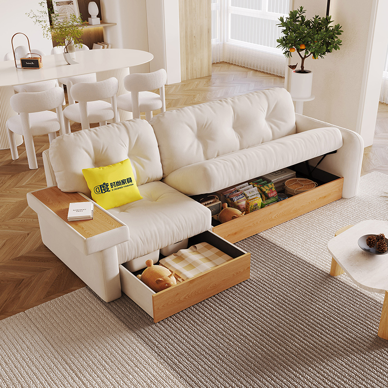 Диван в японском стиле из бревна кремового цвета в гостиной, новинка 2025 года, ткань с кошачьими царапинами, небольшая квартира, складной диван для хранения двойного назначения