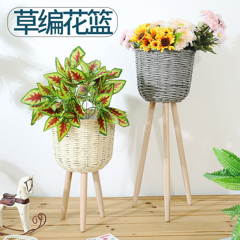 Nordic style creative wooden grass woven golden Ge flower pot rattan flower arrangement basket Living room ornaments woven flower basket Floor flower stand