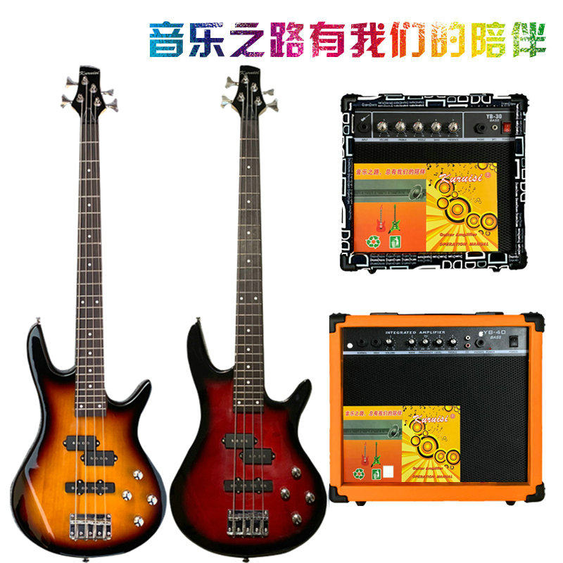 ベースギター、エレキベース、リンデン材ボディ、メイプル材ヘッドストック、KURUIS IBアンプ、サブウーファー。