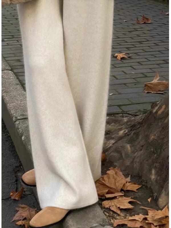 100% Australian Merino Wool Wide-Leg Pants for Women, Lazy Drape Knit Straight-Leg Autumn and Winter Casual Outerwear Extended Pants 100% Australian Merino Wool Wide-Leg Pants for Women, Lazy Drape Knit Straight-Leg Autumn and Winter Casual Outerwear Extended Pants