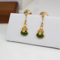 Retro 925 silver gourd ear clip gold inlaid jade simple short exquisite advanced sense ear clip earrings without ear hole temperament