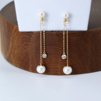 18K Gold Flash Chain Pearl Zircon with no earhole temperament without pain and long and shiny earrings