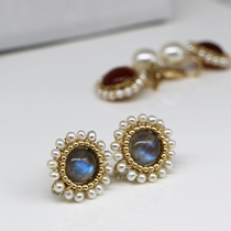 Retro court style Pearl elongated blue moonlight stone ear clip without ear hole painless mosquito coil temperament ear ornaments