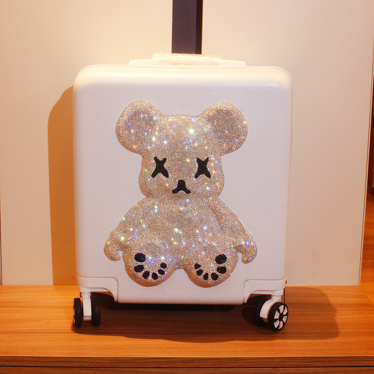 Rhinestone-encrusted Violent Bear Lightweight Suitcase, Small 18-inch Children's Carry-on Travel Trolley Case, Mini Combination Leather Suitcase
