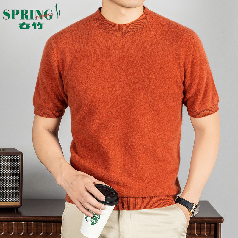 Chunzhu Men's Cashmere Sweater Autumn New Short Sleeve Old Money Style Round Neck Solid Color Casual Knitted Base Cashmere Sweater
