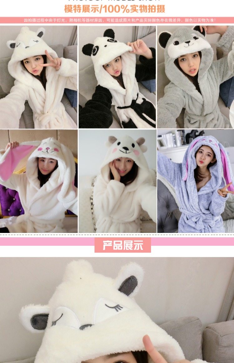 Mùa thu và mùa đông dễ thương váy ngủ san hô nhung áo choàng dày áo tắm áo ngủ nữ mùa đông phiên bản Hàn Quốc của phim hoạt hình tai thỏ ngọt ngào đồ ngủ thu đông nam nữ