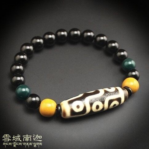 Tibetan dzi bead natural genuine product full of cinnabar high oil moist to pure nine-eyed old dzi bead black agate bracelet
