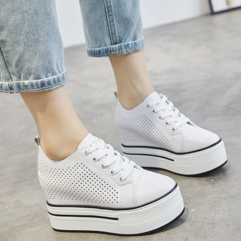 Mùa hè sinh viên Hàn Quốc giày trắng đế dày đế dốc tăng 10cm trong giày nữ rỗng thường giày đế thấp đế đơn - Giày cắt thấp