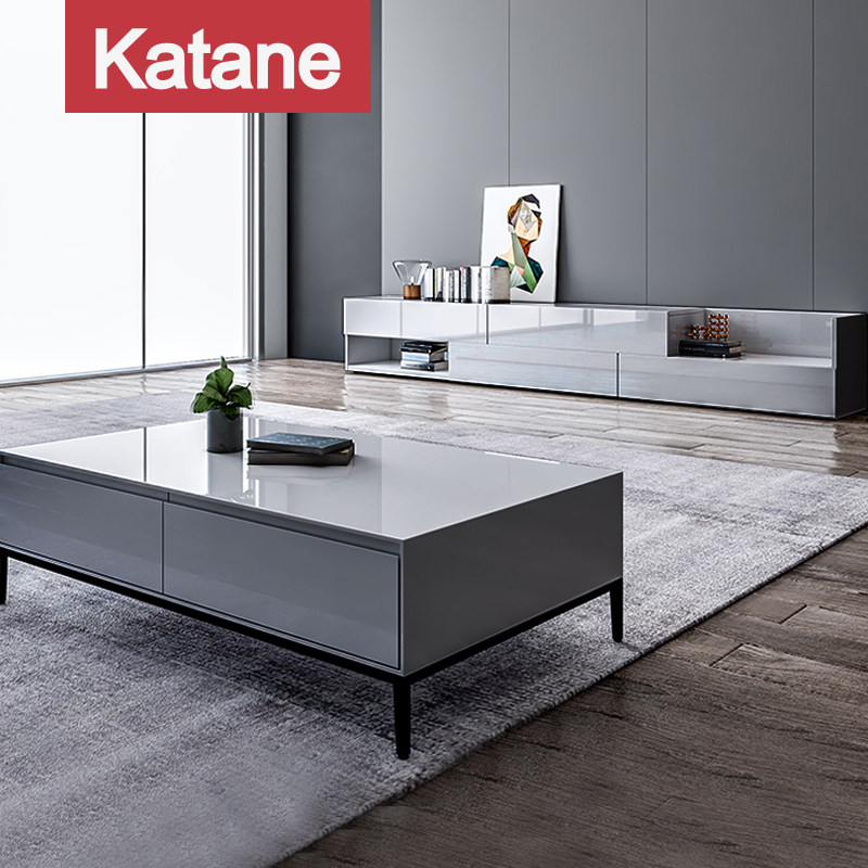 Nordic modern minimalist telescopic TV cabinet Tea Table Combination Living-room High Cabinet Size House Style Toasted Lacquer Ground Cabinet Light Lavish