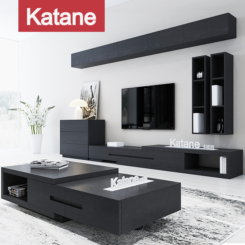 Nordic modern simple telescopic tea table TV cabinet combination living room furniture background wall hanging cabinet large and small apartment set