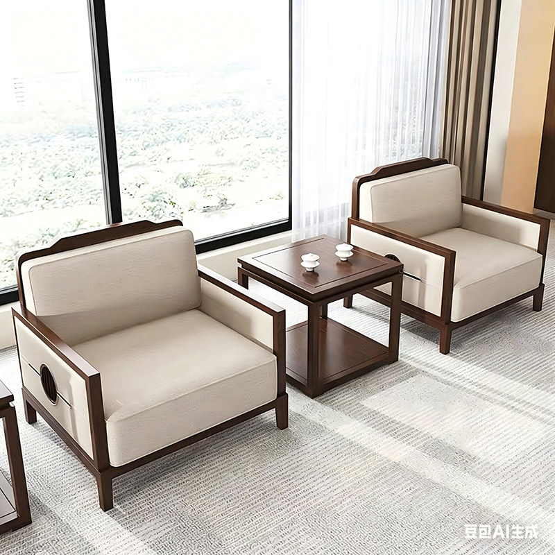New Chinese-Style Solid Wood Sofa Coffee Table, Simple and Modern, Office Meeting Room, Rest Area, Reception and Guest Reception Single Sofa New Chinese-Style Solid Wood Sofa Coffee Table, Simple and Modern, Office Meeting Room, Rest Area, Reception and Guest Reception Single Sofa