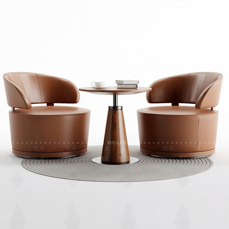 New Chinese-Style Sofa Chair, Modern Light Luxury Single Sofa Chair, Solid Wood Round Table Negotiation Chair, Nordic Minimalist Leather Chair