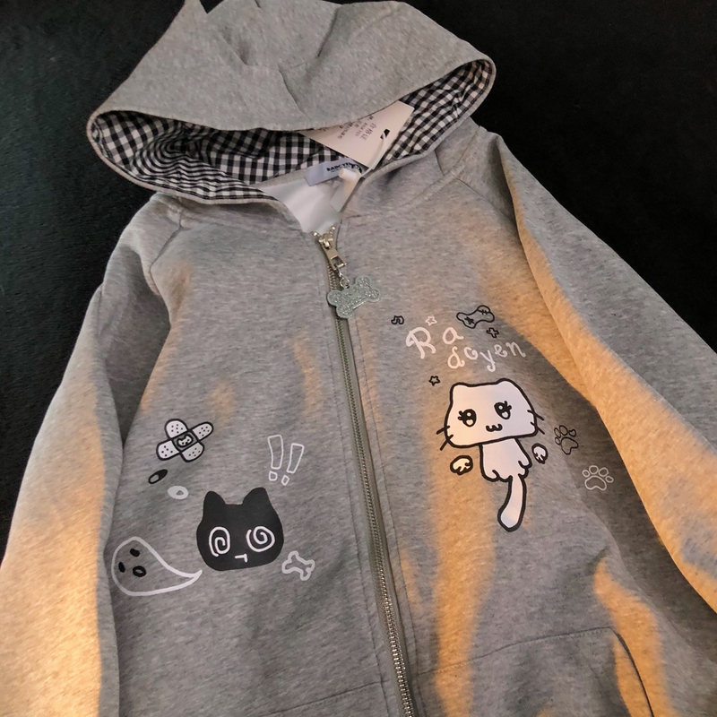 Daiwing American-Style Cat Ear Cute Sweet Girl Hoodie Autumn and Winter Zipper Cute Cartoon Loose Sweatshirt