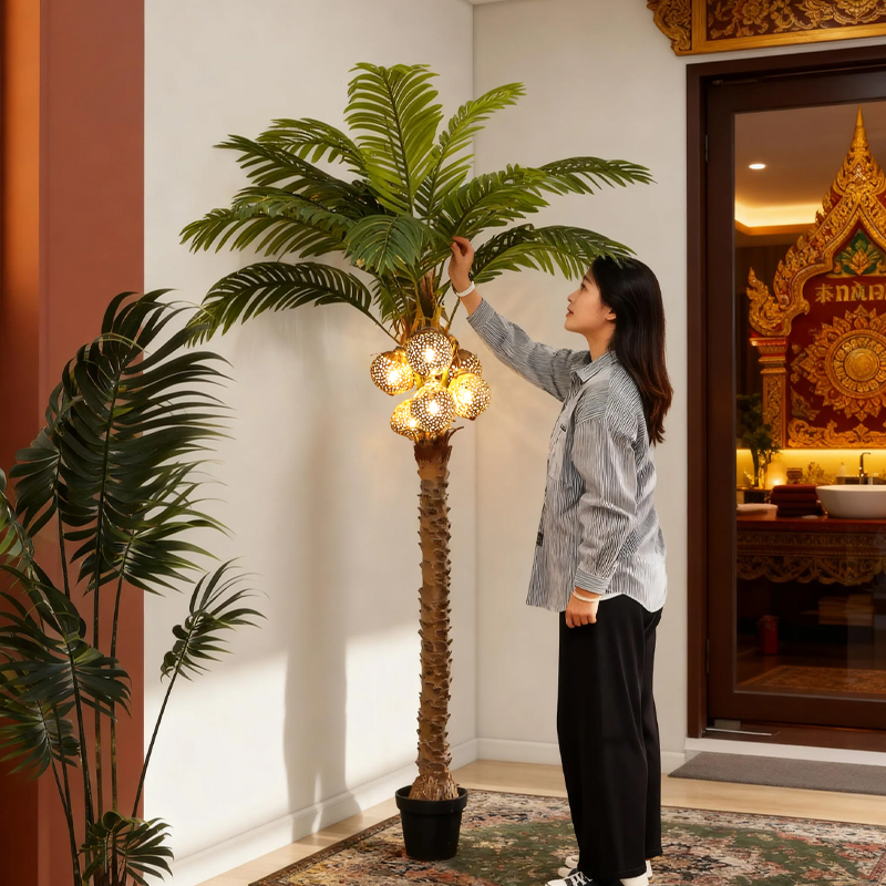 Yili Artificial Coconut Tree Floor Lamp Large Fake Plant Potted Indoor Decoration Artificial Green Plant Bonsai Display