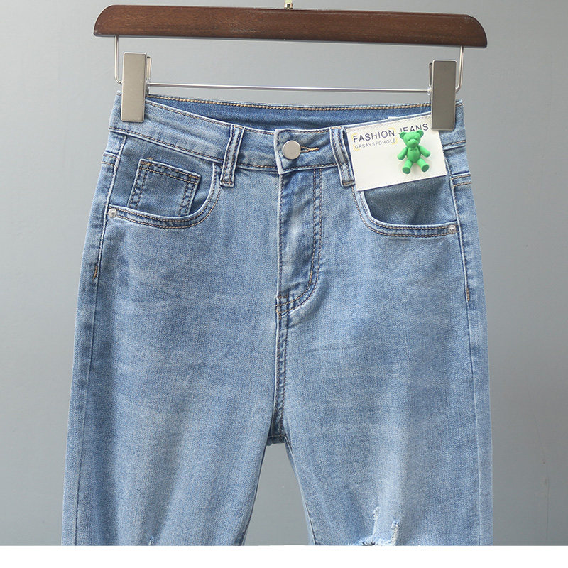 Straight-leg jeans for women in summer 2022, light blue frayed and ripped cigarette tube pants, petite slimming 9-inch pants pic 6