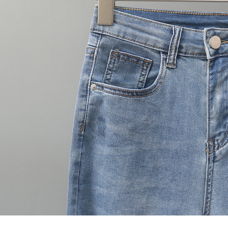Straight-leg jeans for women in summer 2022, light blue frayed and ripped cigarette tube pants, petite slimming 9-inch pants pic 7