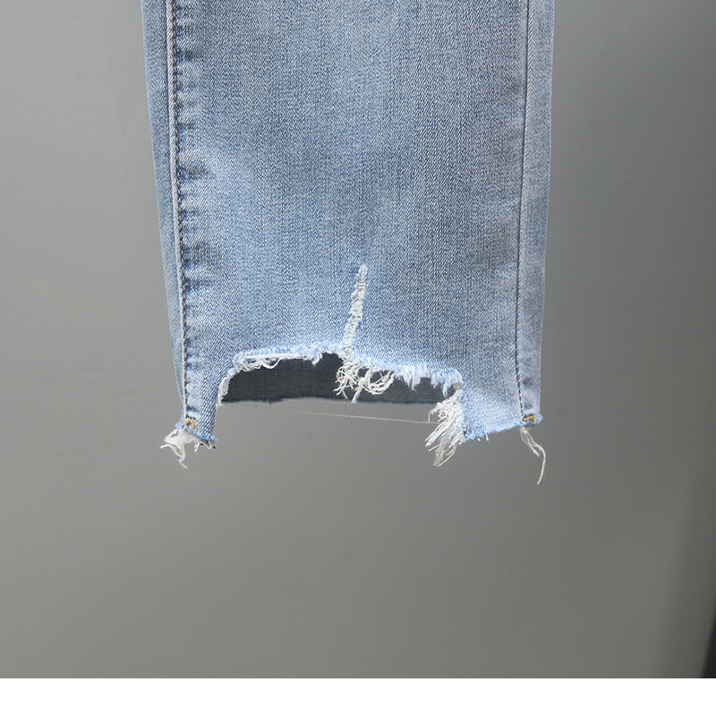 Straight-leg jeans for women in summer 2022, light blue frayed and ripped cigarette tube pants, petite slimming 9-inch pants pic 10