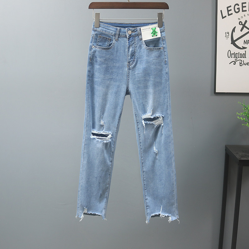 Straight-leg jeans for women in summer 2022, light blue frayed and ripped cigarette tube pants, petite slimming 9-inch pants pic 2