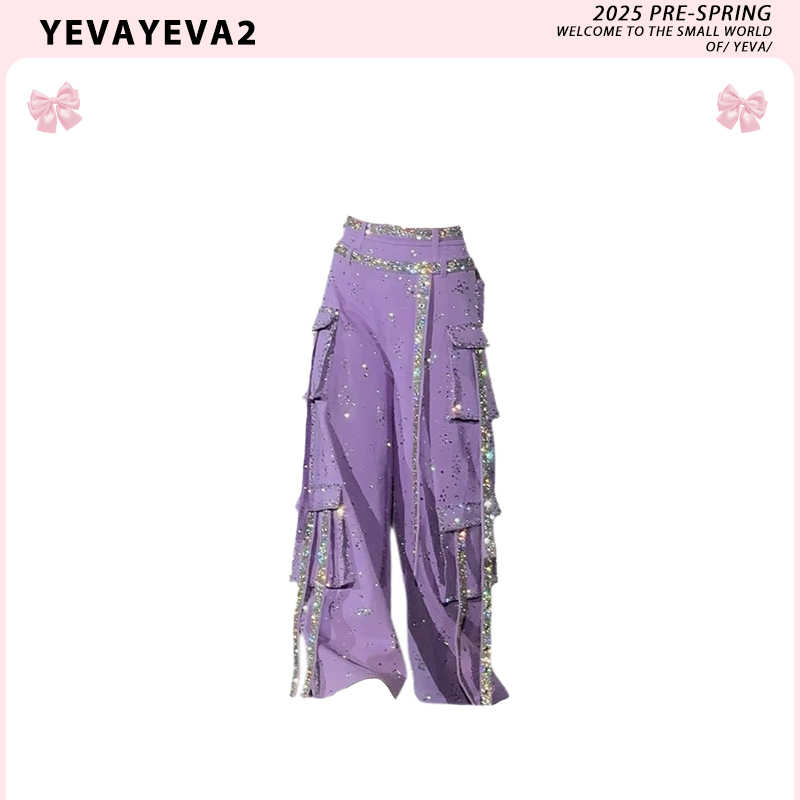 Yeva【In Stock】Deng Ziqi's Same Style Purple Sparkling Rhinestone High-Waisted Slimming Straight-Leg Cargo Pants 2025 New Model