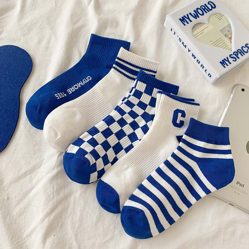 Women's Socks for Spring and Autumn, Pure Cotton Short Socks, Klein Blue Short Socks for Women, Blue Striped Sports Anti-Odor Cotton Socks, Sweat-Absorbent