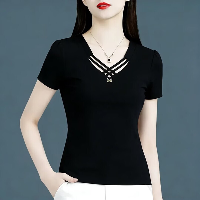 Slim-Fit, Straight-Shoulder, Short-Sleeved T-Shirt for Women, Stylish and Age-Reducing, Summer Ice Silk Cotton V-Neck Design Top, Unique and Beautiful Half-Sleeve
