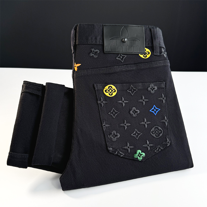 秋季新款刺绣黑色牛仔裤男修身小脚欧货高端轻奢网红个性弹力长裤