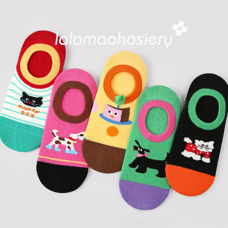 Cute Animal Cartoon Boat Socks for Women, Summer Thin Cotton Socks, Non-Slip, No-Show, Low-Cut, Invisible, Japanese Style, Colorful, Girly