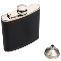 Mens Portable Outdoor 6-Ounce Stainless Steel Leather Flask with Small Funnel 126g