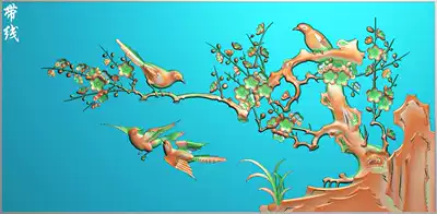 a fine carved map plum blossom flower and bird horizontal board decoration hanging painting relief map gray scale wood carving sand rock carving material