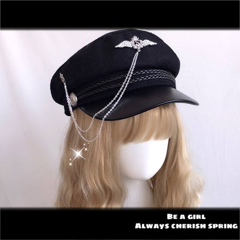 Re Original LAOSHU Gothic Dark Badge Flat Top Hat Lolita British Steampunk Hat Military Style Lo Hat Re Original LAOSHU Gothic Dark Badge Flat Top Hat Lolita British Steampunk Hat Military Style Lo Hat