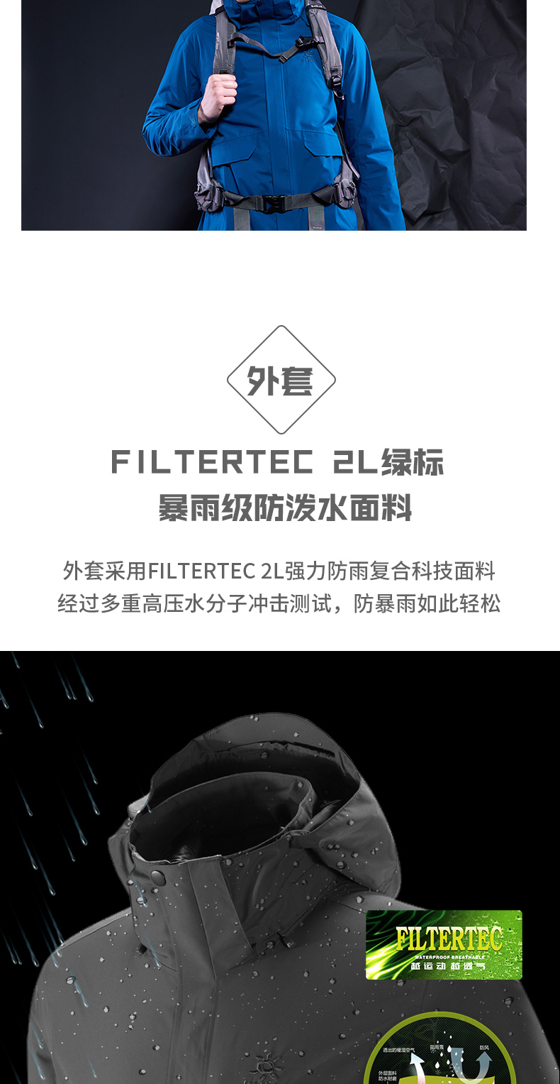 凯乐石 男士暴雨级防风防水 三合一冲锋衣 羽绒+抓绒双内胆 图6