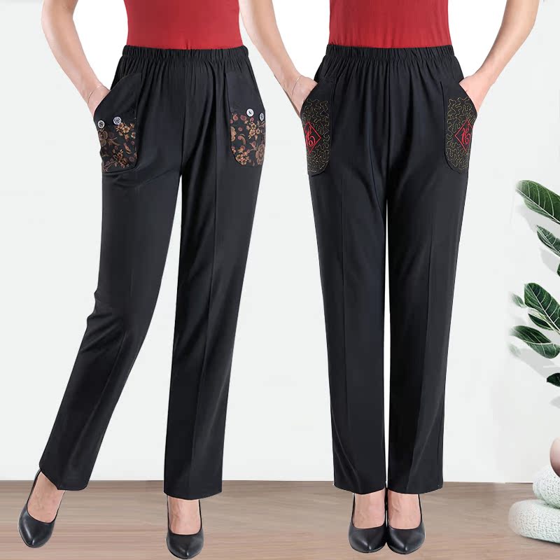 Middle-aged and elderly women's pants summer thin stretch ice silk 90% pants large size lenient high waist straight cylinder mom pants children