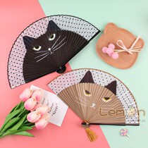 Japanese-style cat folding fan folding fan Summer portable Hanfu portable tassel small bamboo fan summer cartoon cute