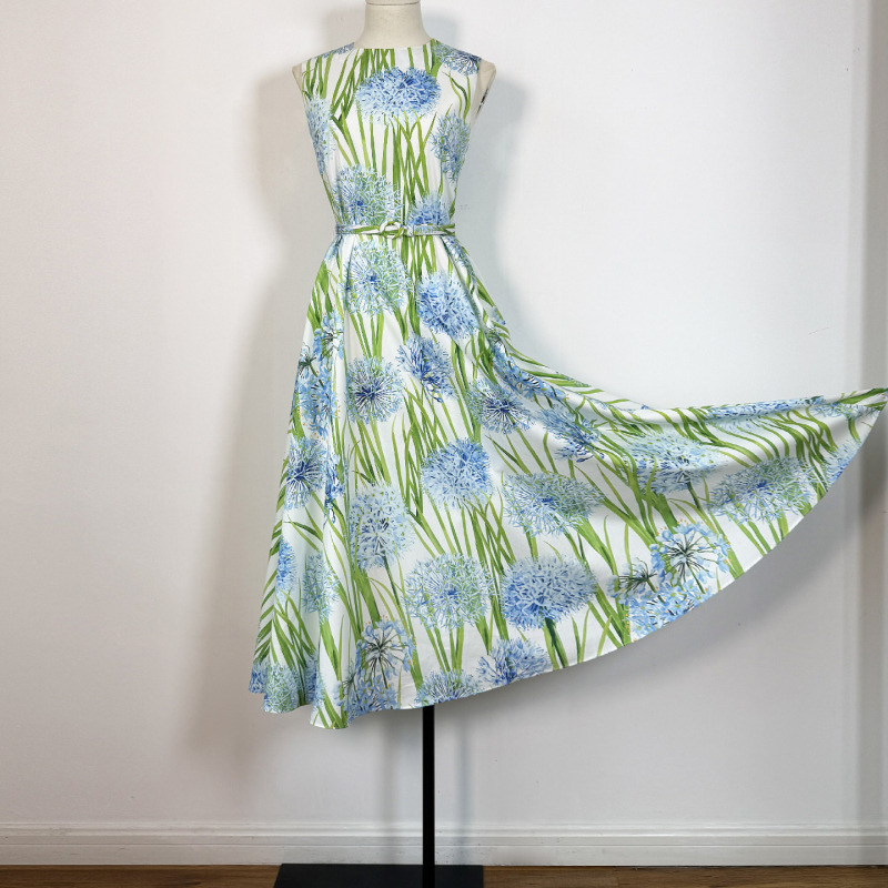 Elegant Blue Floral Cotton Tank Dress 2026 Spring/Summer, Flattering A-Line Dress, Sleeveless with Belt, Slim Fit Vacation Dress