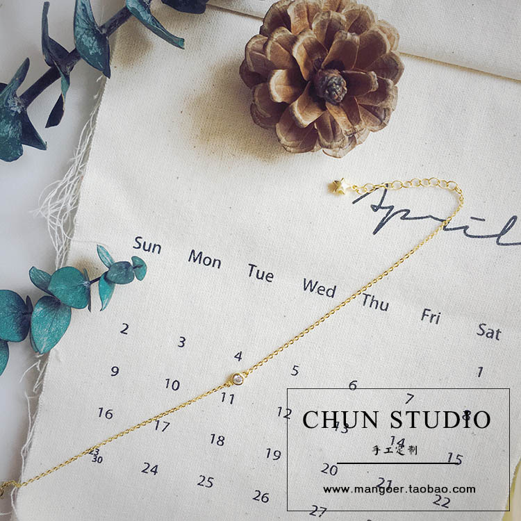 Handmade, đơn giản, hàng nhập khẩu của Mỹ, vàng 14K, siêu flash, một viên kim cương, zircon, vòng chân tốt, không phai - Vòng chân lắc chân