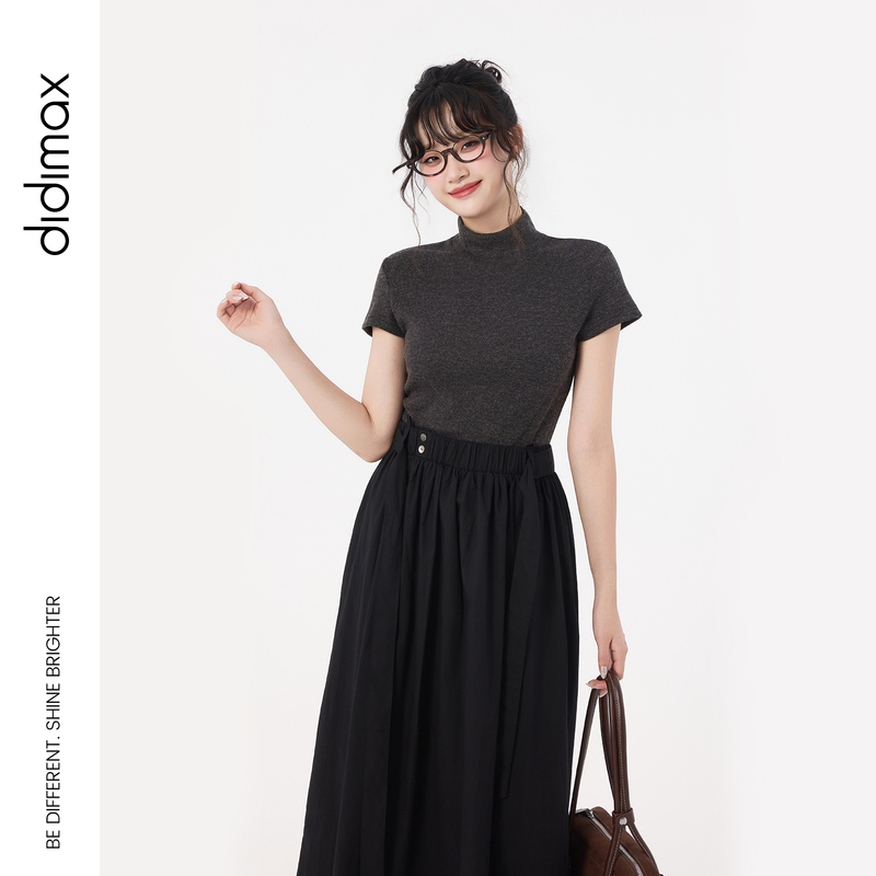 Didimax New Autumn Style Dark Gray Stand-Up Collar Dress Elegant Short-Sleeved A-Line Skirt Half-High Collar Q70236