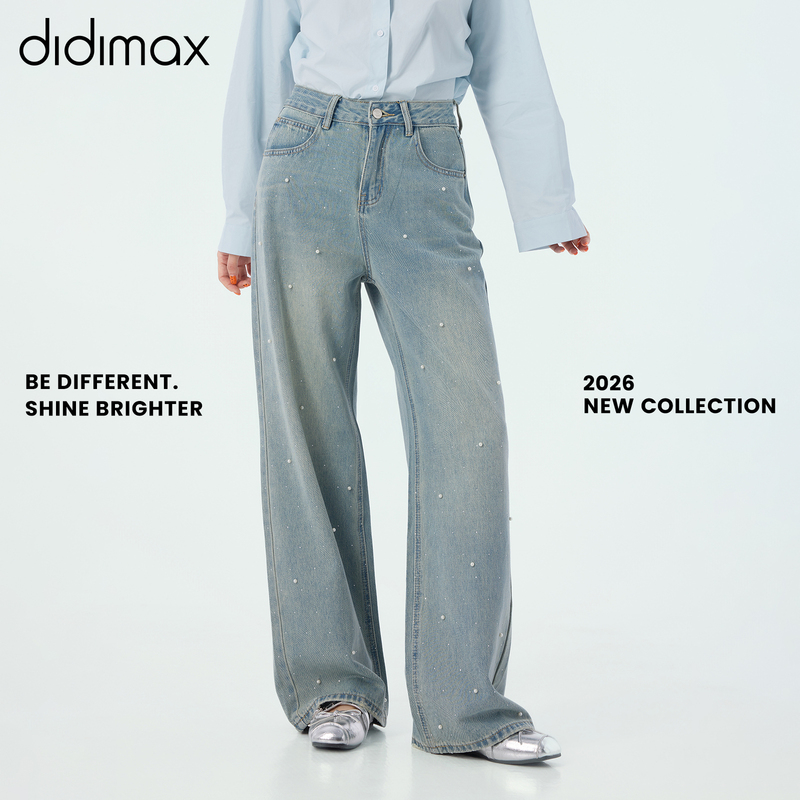 Didimax New Summer Style Pearl Sparkling Wide-Leg Jeans Gradient Washed Long Pants for Women Loose Fit X58232