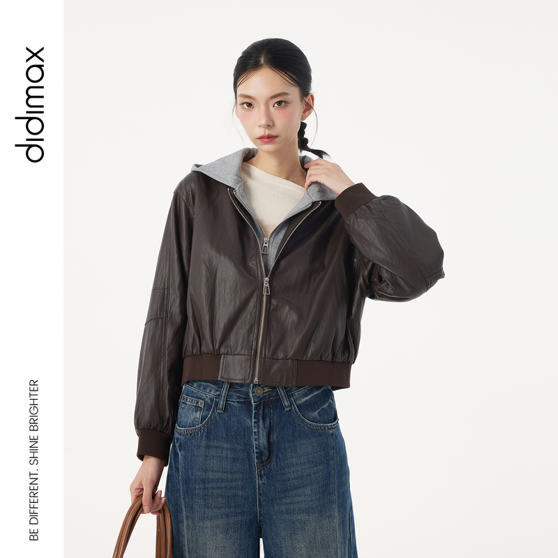 Didimax New Autumn Style Coffee-Colored Pu Leather Hooded Patchwork Leather Jacket Casual Style Jacket Women's Short Style Q30338