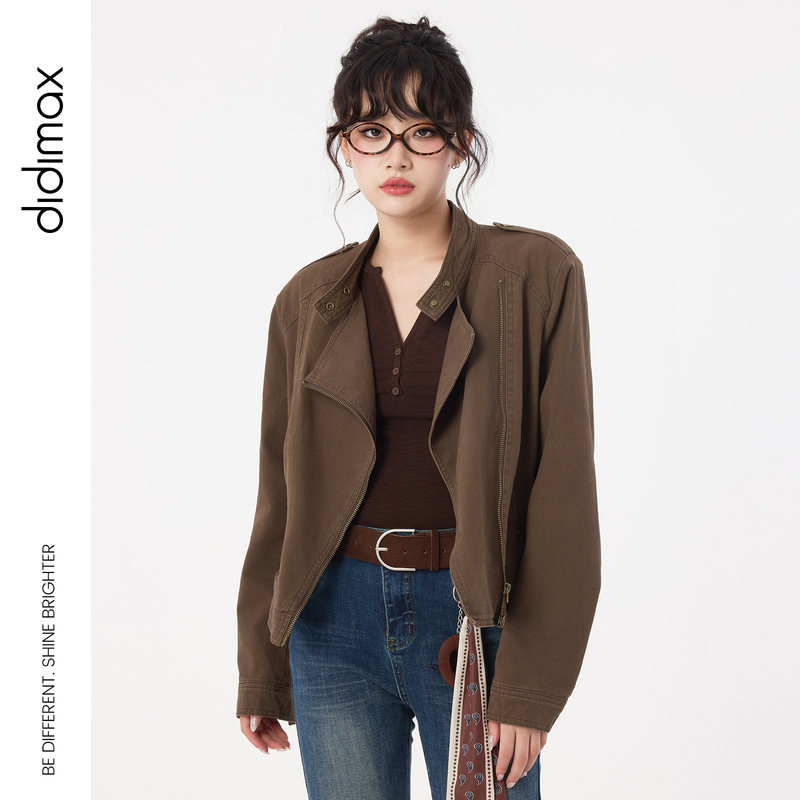 Didimax New Autum Style Coffee-Colored Short Stand-Up Collar Jacket Short Jacket Loose Motorcycle Jacket Women's Clothing Q30142