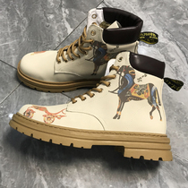 Mens shoes European station brand graffiti trendy boots high top leather Martin boots street tooling boots fashion beige leather boots men