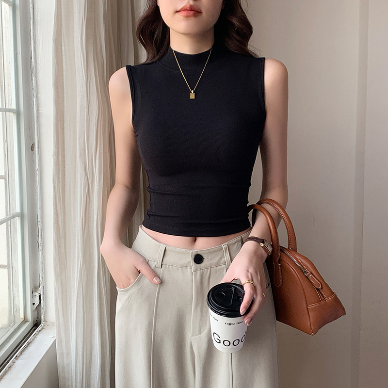 Black Short Half-High Collar Sleeveless T-Shirt for Women, Summer 2026 New Style, Can Be Worn as an Inner Layer or Outerwear, Crop Top Black Short Half-High Collar Sleeveless T-Shirt for Women, Summer 2026 New Style, Can Be Worn as an Inner Layer or Outerwear, Crop Top