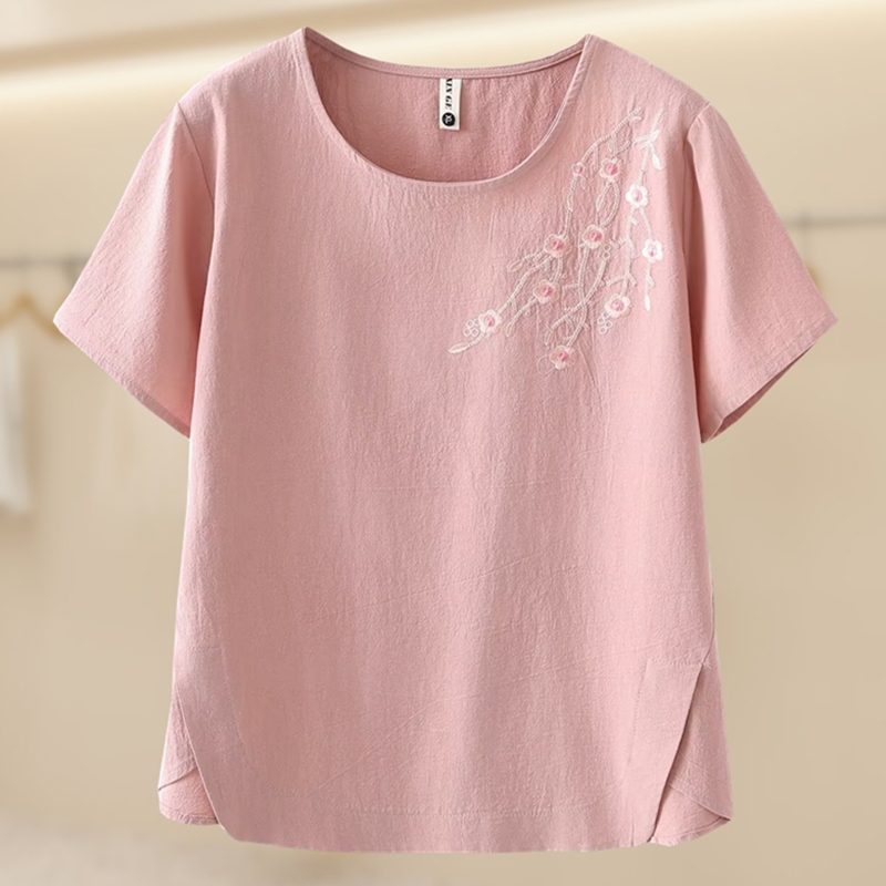 Mom's Loose Cotton and Linen Short-Sleeved T-Shirt for Women 2025 New Summer Top for Middle-Aged and Elderly People, Large Size, Stylish Half-Sleeved Shirt