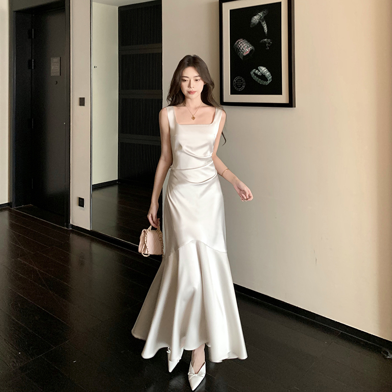 But You, Butyou, White Satin Spaghetti Strap Dress for Women, Summer Fishtail Long Dress, Engagement Party Banquet Cocktail Dress