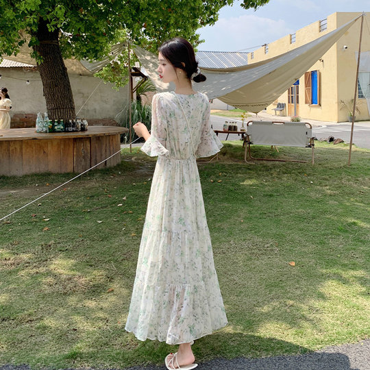 Long floral chiffon dress for women summer 2025 new style waist slimming long skirt fairy a-line skirt