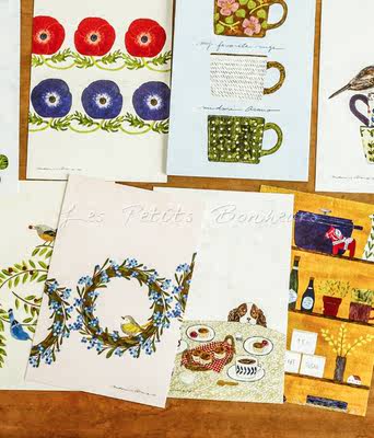 Les petits bonheurs: Hand-drawn style sticky note postcards by Japanese writers in stock