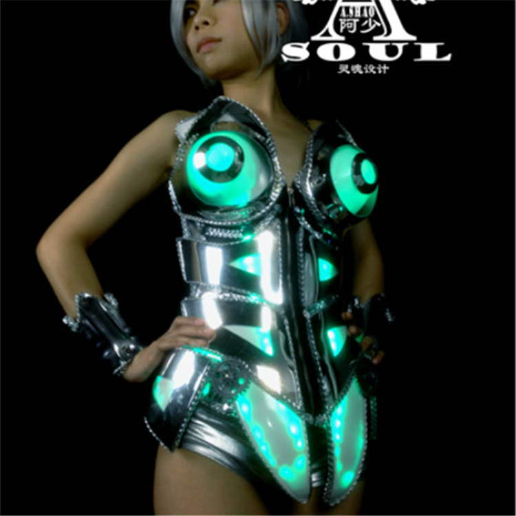 Mirror Bra Machinery Future Warrior Armour Clothing Bar LED Luminous Fluorescent Crystal Stage Performance Props