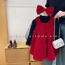 Korean childrens clothing 2022 autumn and winter girls red dress plus velvet childrens retro western style princess dress skirt