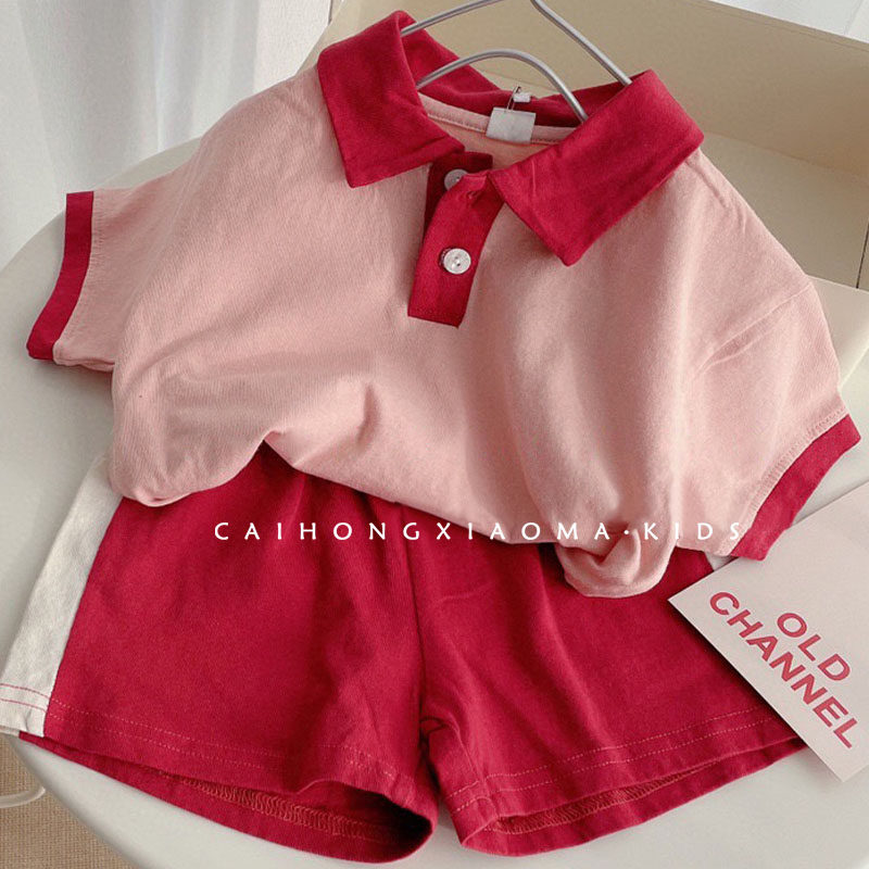 Korean children's college wind suit male and female baby summer new cute girl sports and leisure short-sleeved two-piece suit