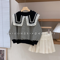 Korean childrens clothing 2022 autumn girls sweater childrens foreign style fashionable loose fashion striped lace lapel top
