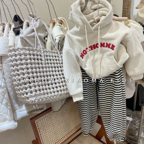 Korean childrens clothing 2021 winter boys and girls fleece hooded sweater childrens thickened warm top foreign style pullover